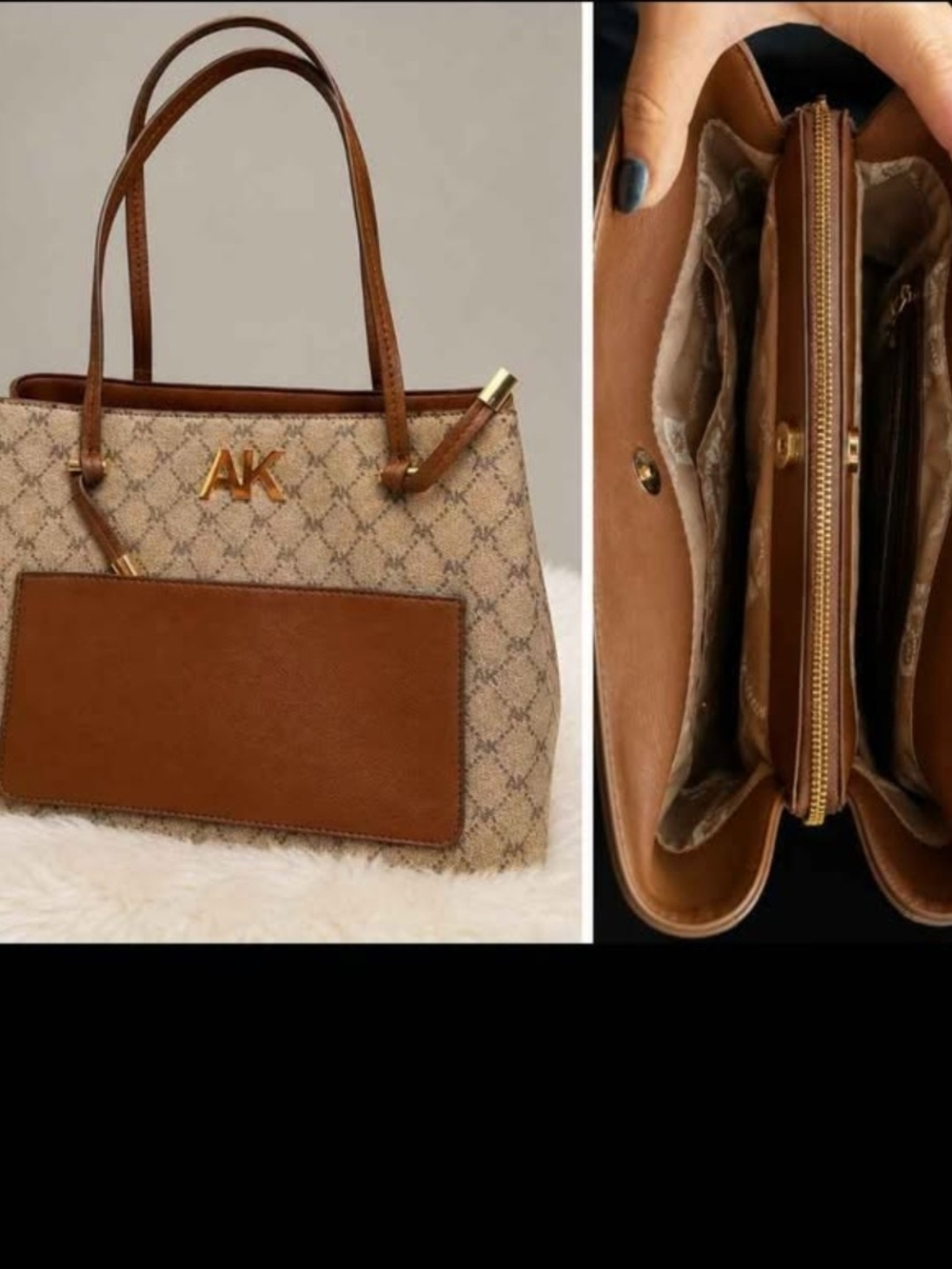 Signature Brown & Cream Tote Bag with Detachable Pouch